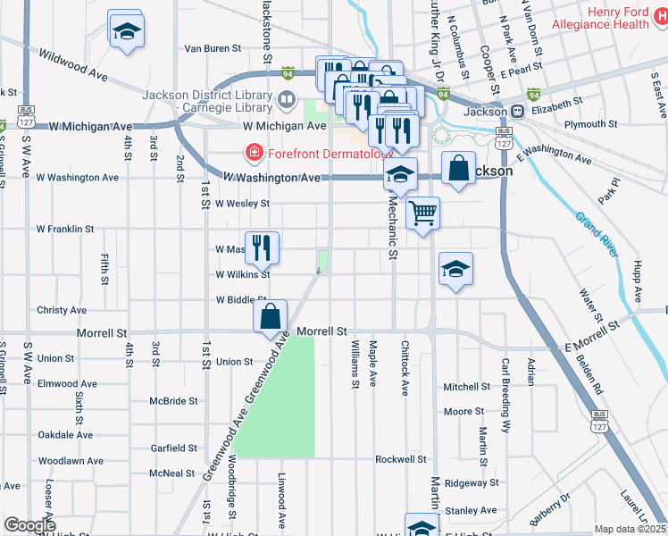 map of restaurants, bars, coffee shops, grocery stores, and more near 611 South Jackson Street in Jackson