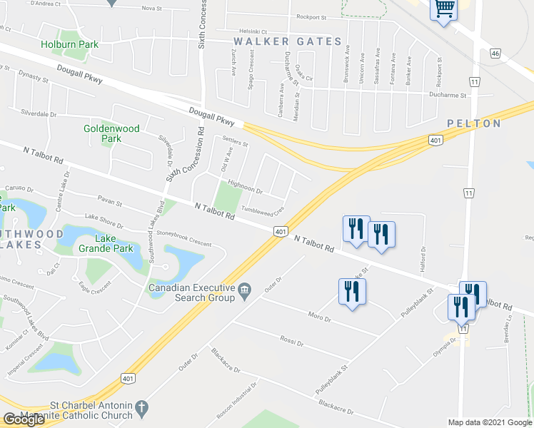map of restaurants, bars, coffee shops, grocery stores, and more near Tumbleweed Crescent in Windsor