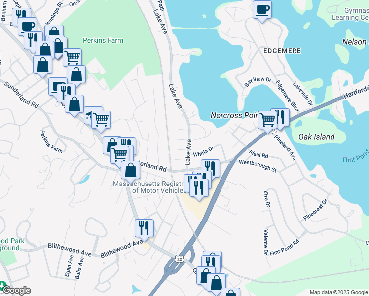 map of restaurants, bars, coffee shops, grocery stores, and more near 522 Lake Avenue in Worcester