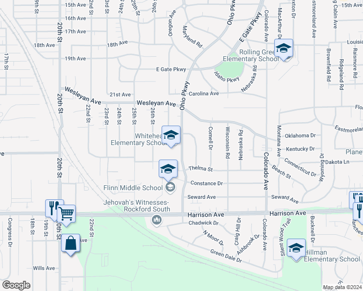 map of restaurants, bars, coffee shops, grocery stores, and more near 2325 Ohio Parkway in Rockford