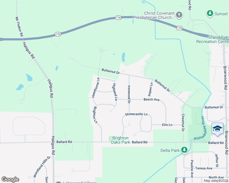 map of restaurants, bars, coffee shops, grocery stores, and more near 5877 Highland Lane in Village of Lakewood