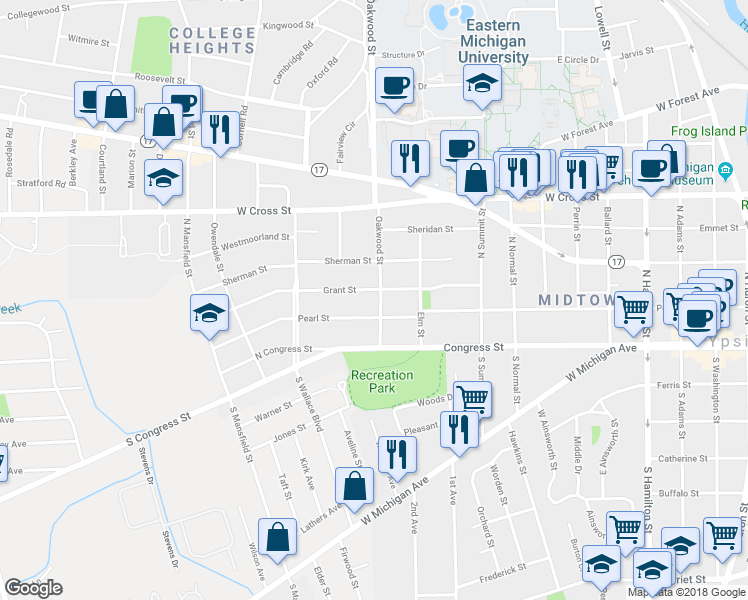 map of restaurants, bars, coffee shops, grocery stores, and more near 95 Oakwood Street in Ypsilanti