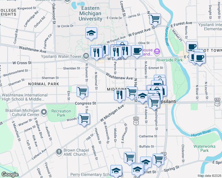 map of restaurants, bars, coffee shops, grocery stores, and more near 115 Perrin Street in Ypsilanti