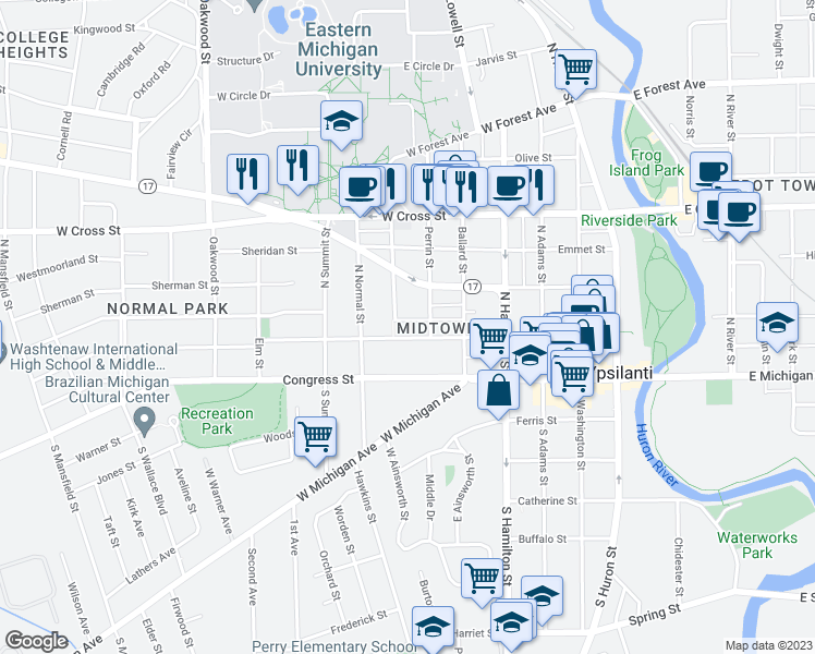 map of restaurants, bars, coffee shops, grocery stores, and more near 121 College Place in Ypsilanti