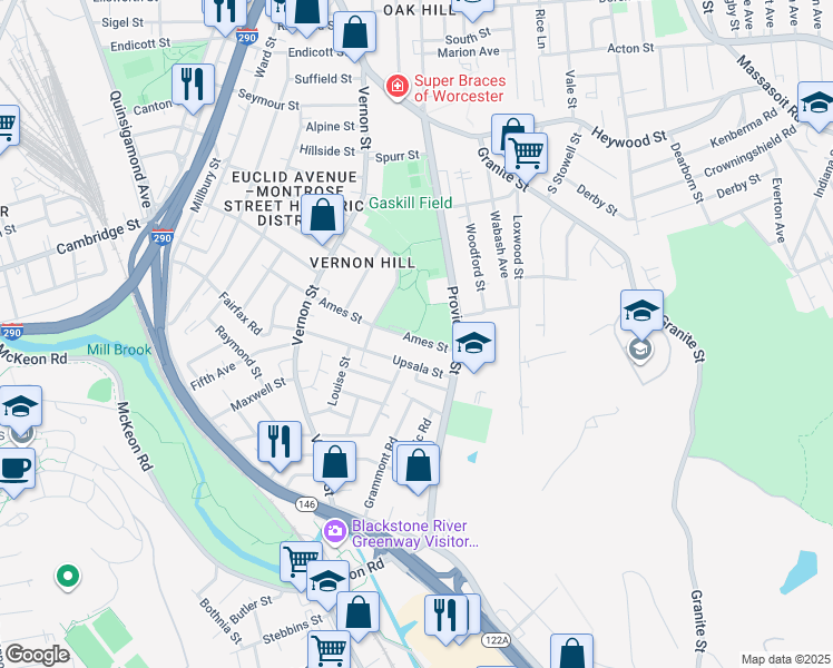 map of restaurants, bars, coffee shops, grocery stores, and more near 43 Ames Street in Worcester