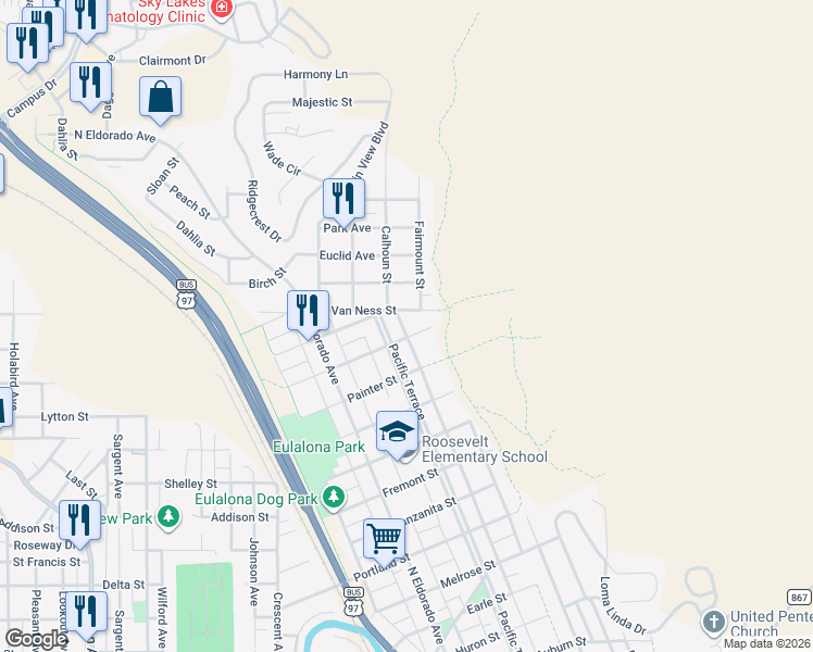 map of restaurants, bars, coffee shops, grocery stores, and more near 2041 Van Ness Avenue in Klamath Falls