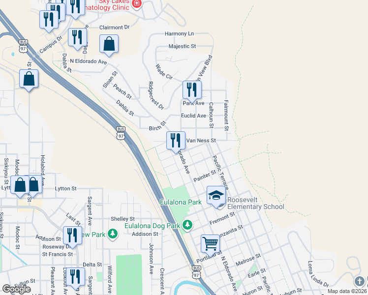 map of restaurants, bars, coffee shops, grocery stores, and more near 1929 Van Ness Avenue in Klamath Falls