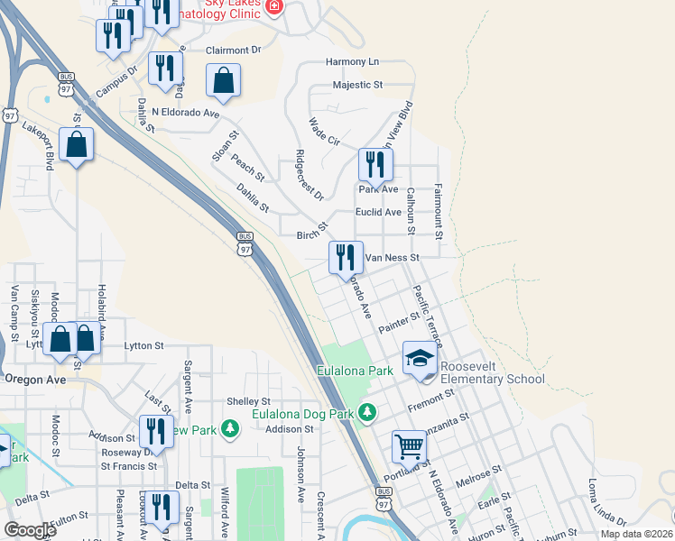map of restaurants, bars, coffee shops, grocery stores, and more near 1640 North Eldorado Avenue in Klamath Falls