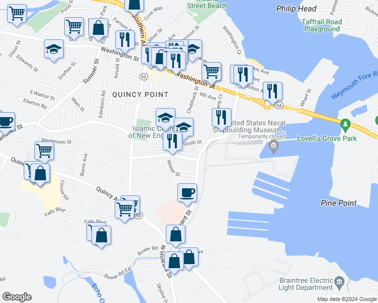 map of restaurants, bars, coffee shops, grocery stores, and more near 483 South Street in Quincy