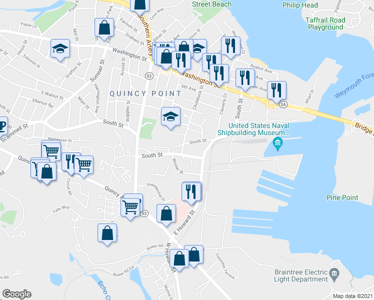 map of restaurants, bars, coffee shops, grocery stores, and more near 26 Chubbuck Street in Quincy