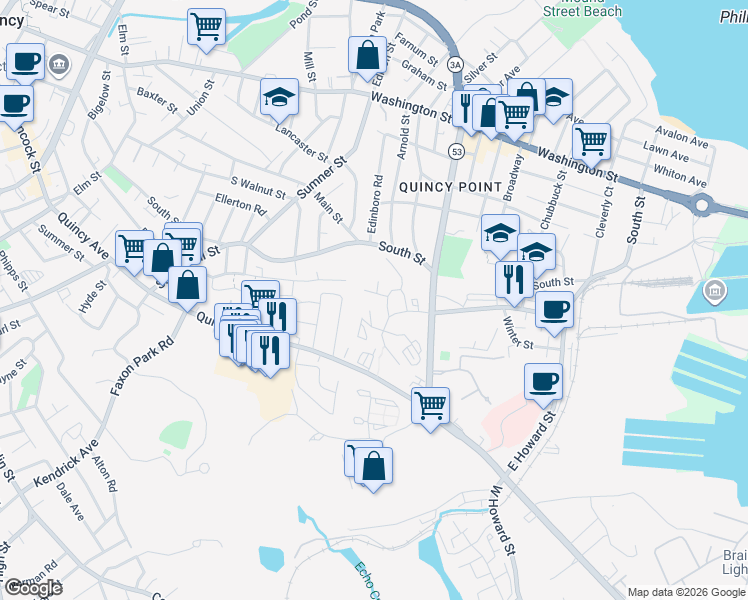 map of restaurants, bars, coffee shops, grocery stores, and more near 999 Southern Artery in Quincy