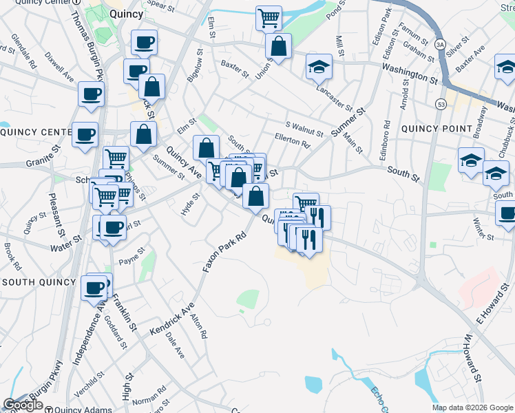 map of restaurants, bars, coffee shops, grocery stores, and more near 25 Martensen Street in Quincy