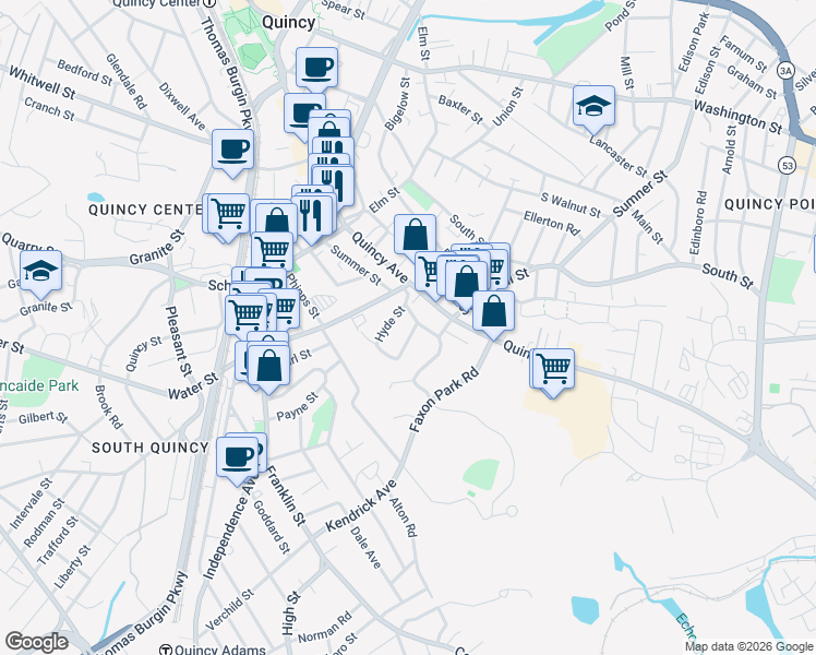 map of restaurants, bars, coffee shops, grocery stores, and more near 11 Hyde Street in Quincy