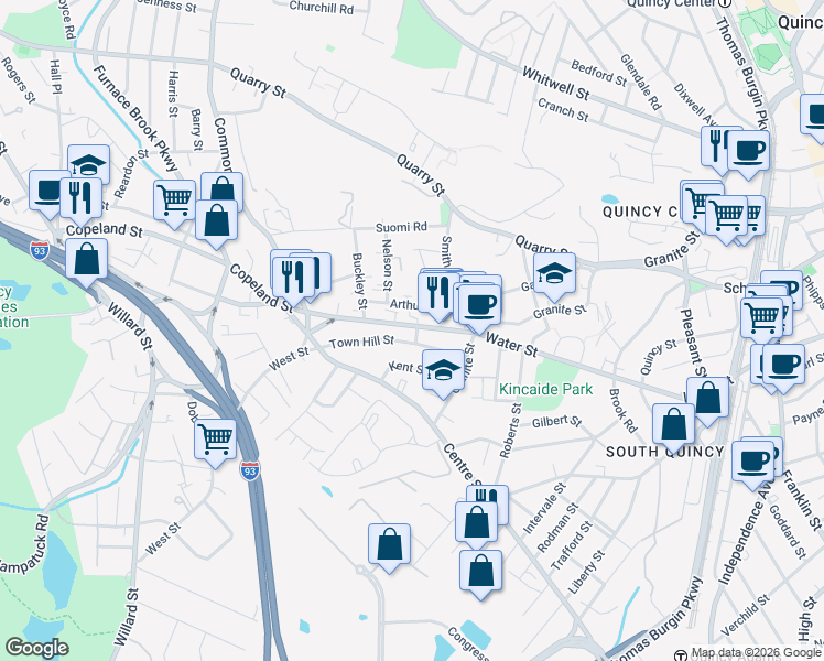 map of restaurants, bars, coffee shops, grocery stores, and more near in Quincy