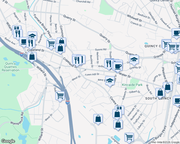 map of restaurants, bars, coffee shops, grocery stores, and more near 111-113 Copeland Street in Quincy