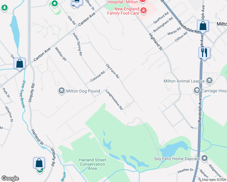 map of restaurants, bars, coffee shops, grocery stores, and more near 12 Longmeadow Road in Milton