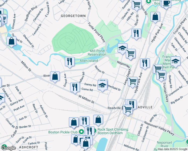 map of restaurants, bars, coffee shops, grocery stores, and more near 75 Imbaro Road in Boston