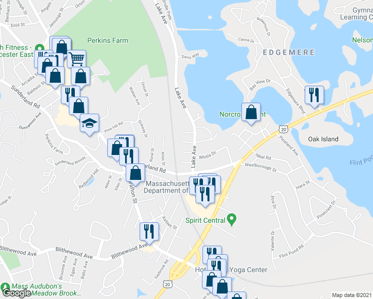 map of restaurants, bars, coffee shops, grocery stores, and more near 7 Cadman Street in Worcester