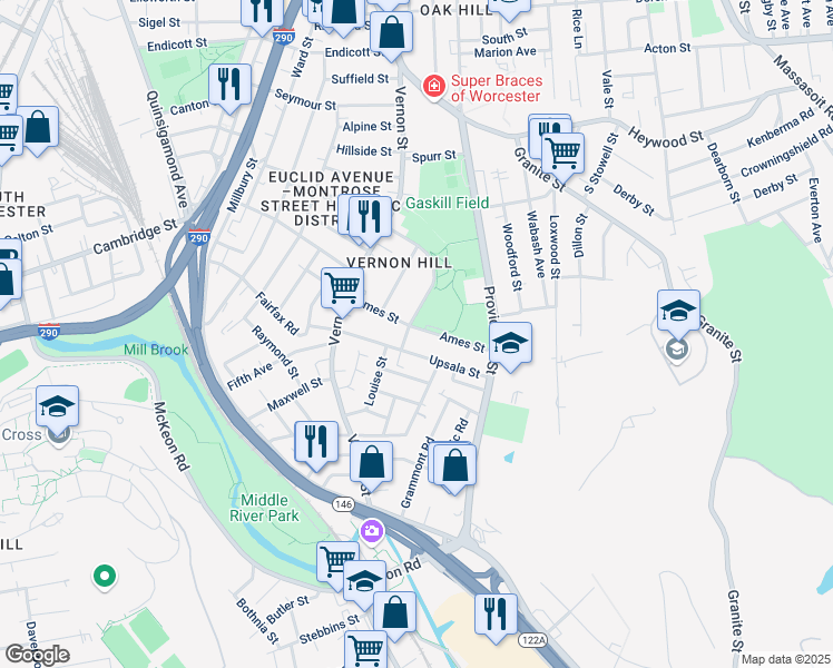 map of restaurants, bars, coffee shops, grocery stores, and more near 25 Ames Street in Worcester