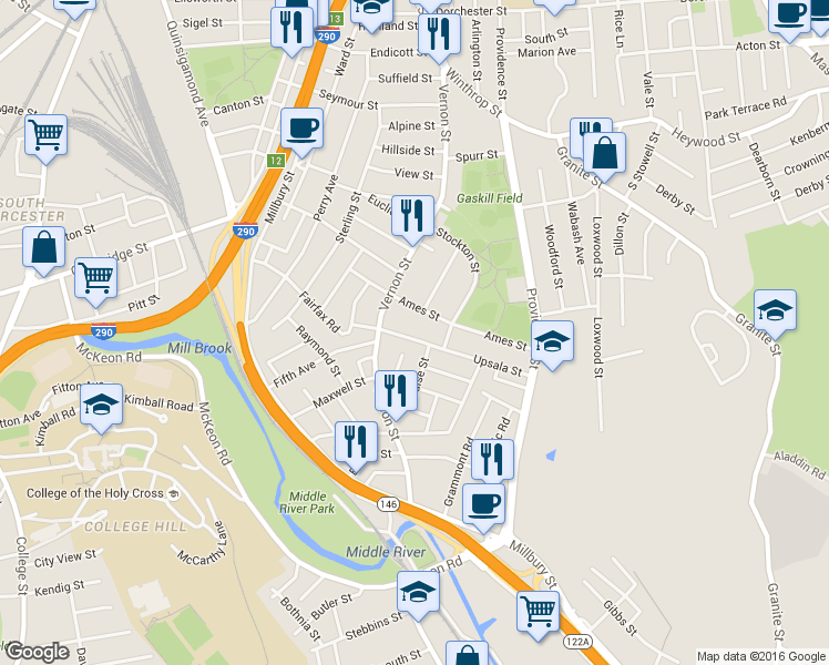 map of restaurants, bars, coffee shops, grocery stores, and more near 10 Ames Street in Worcester