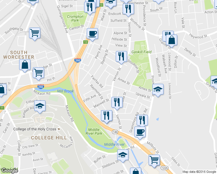 map of restaurants, bars, coffee shops, grocery stores, and more near 176 Vernon Street in Worcester