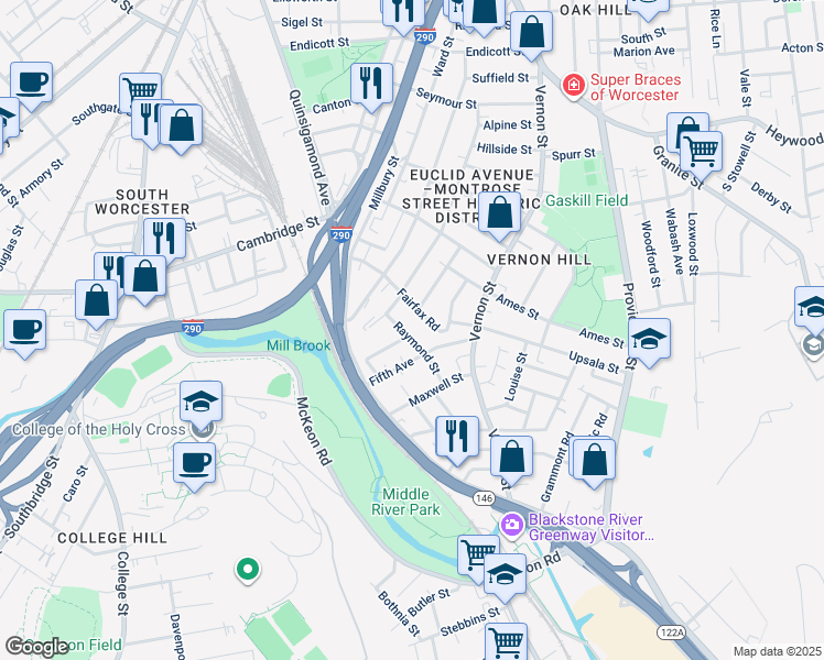 map of restaurants, bars, coffee shops, grocery stores, and more near 3 Raymond Street in Worcester