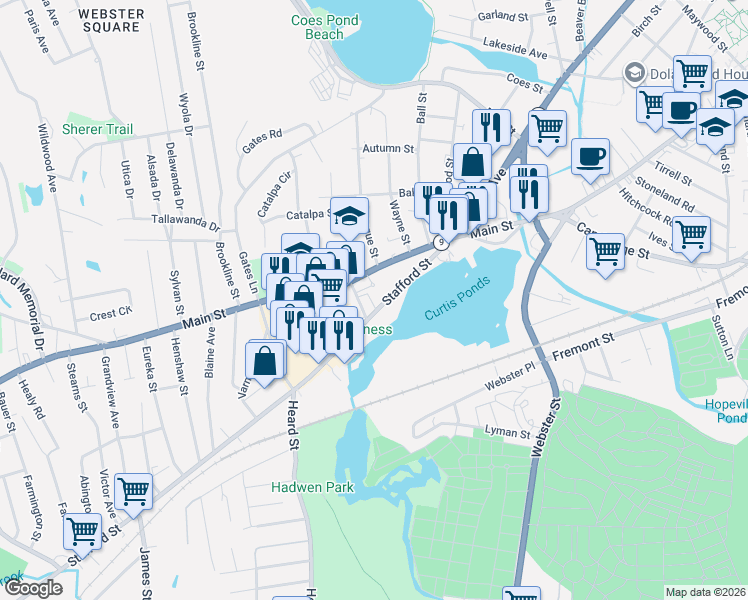 map of restaurants, bars, coffee shops, grocery stores, and more near 1199 Main Street in Worcester