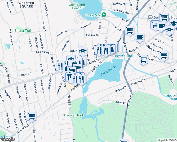 map of restaurants, bars, coffee shops, grocery stores, and more near 1199 Main Street in Worcester