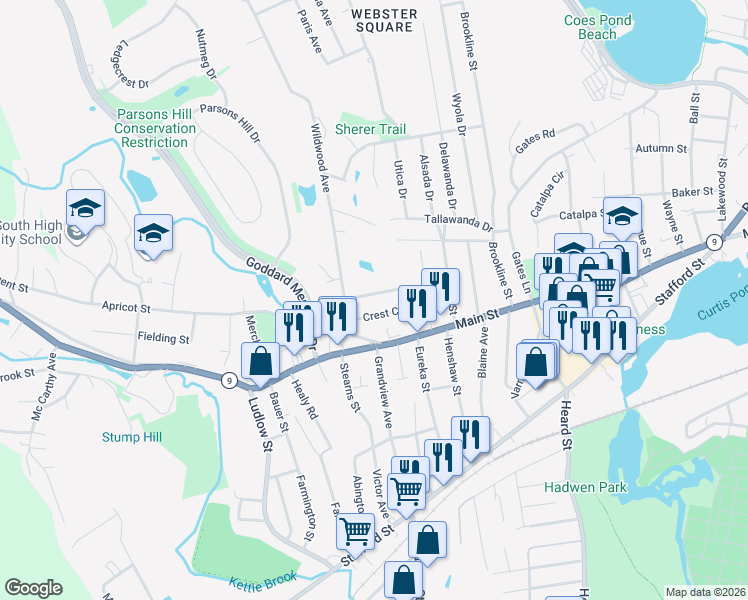 map of restaurants, bars, coffee shops, grocery stores, and more near 74 Crest Circle in Worcester