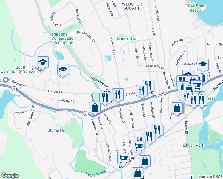 map of restaurants, bars, coffee shops, grocery stores, and more near 50 Goddard Memorial Drive in Worcester