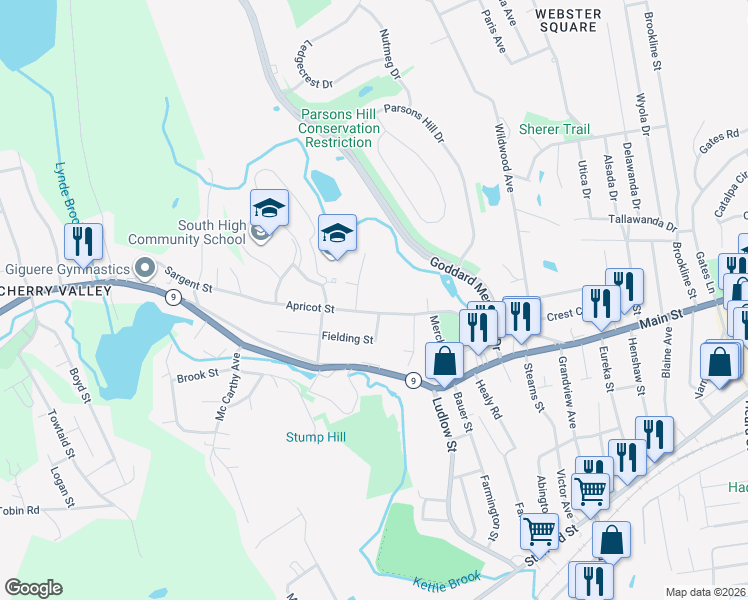 map of restaurants, bars, coffee shops, grocery stores, and more near 108 Apricot Street in Worcester