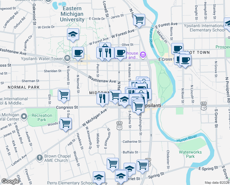 map of restaurants, bars, coffee shops, grocery stores, and more near 112 North Hamilton Street in Ypsilanti