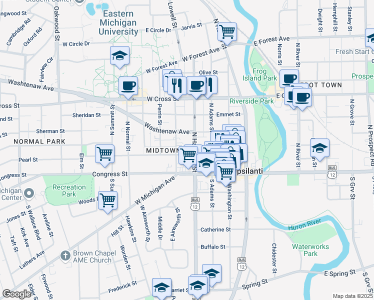 map of restaurants, bars, coffee shops, grocery stores, and more near 112 North Hamilton Street in Ypsilanti