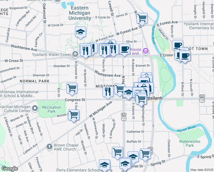 map of restaurants, bars, coffee shops, grocery stores, and more near 115 Perrin Street in Ypsilanti