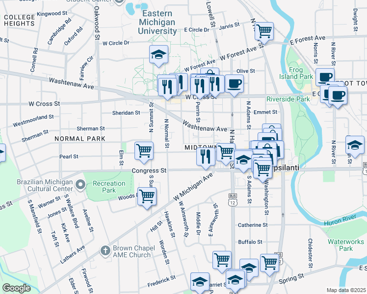 map of restaurants, bars, coffee shops, grocery stores, and more near 121 College Place in Ypsilanti