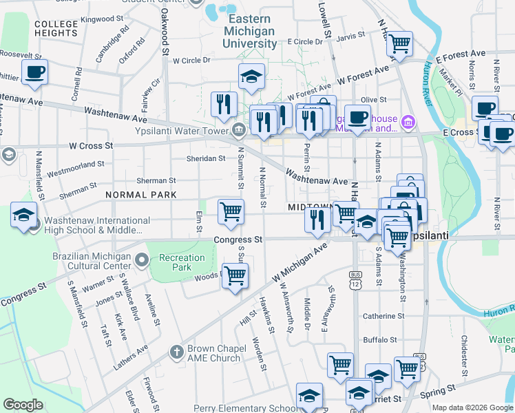 map of restaurants, bars, coffee shops, grocery stores, and more near 115 North Normal Street in Ypsilanti