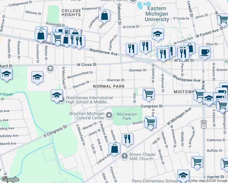 map of restaurants, bars, coffee shops, grocery stores, and more near 103 Oakwood Street in Ypsilanti
