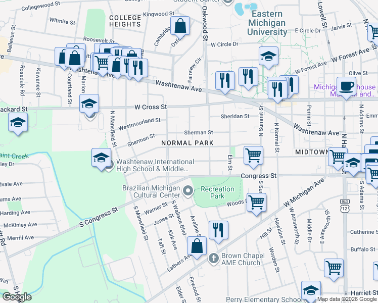 map of restaurants, bars, coffee shops, grocery stores, and more near in Ypsilanti