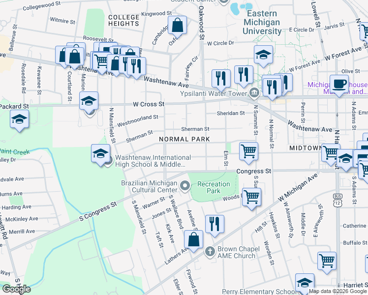 map of restaurants, bars, coffee shops, grocery stores, and more near in Ypsilanti