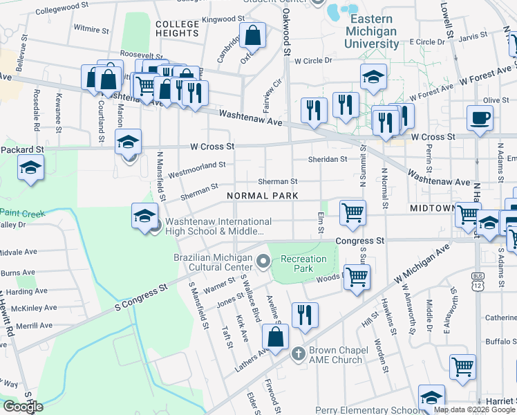map of restaurants, bars, coffee shops, grocery stores, and more near in Ypsilanti