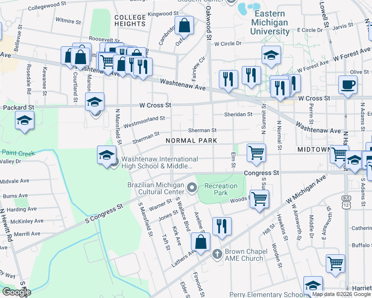 map of restaurants, bars, coffee shops, grocery stores, and more near in Ypsilanti
