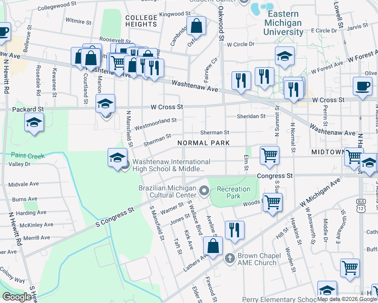 map of restaurants, bars, coffee shops, grocery stores, and more near 202 North Wallace Boulevard in Ypsilanti