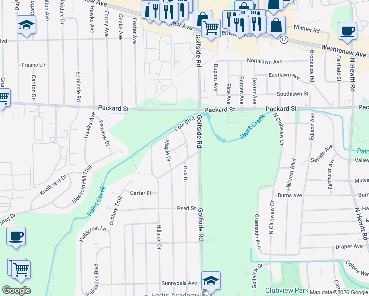 map of restaurants, bars, coffee shops, grocery stores, and more near 4901 Club Place in Ypsilanti