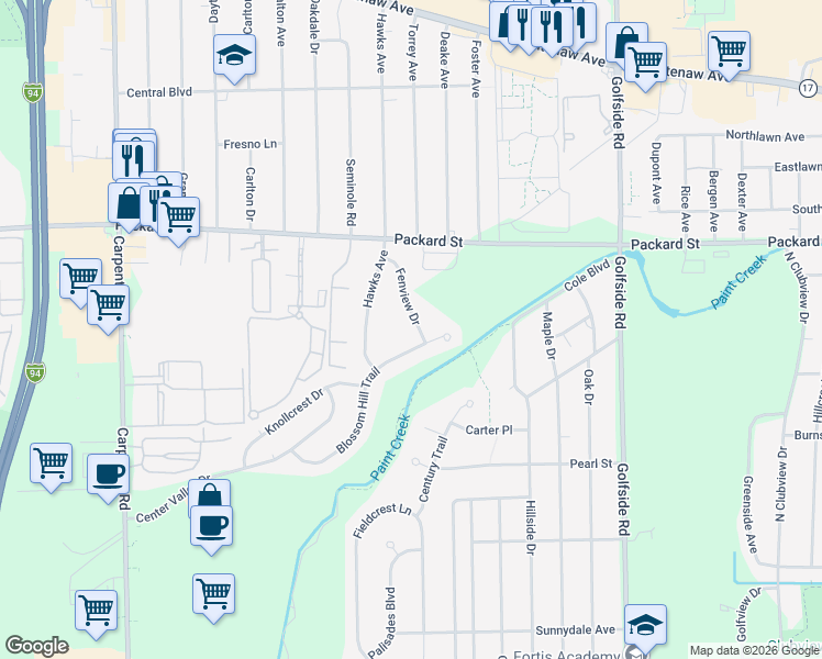 map of restaurants, bars, coffee shops, grocery stores, and more near 3179 Fenview Drive in Ann Arbor