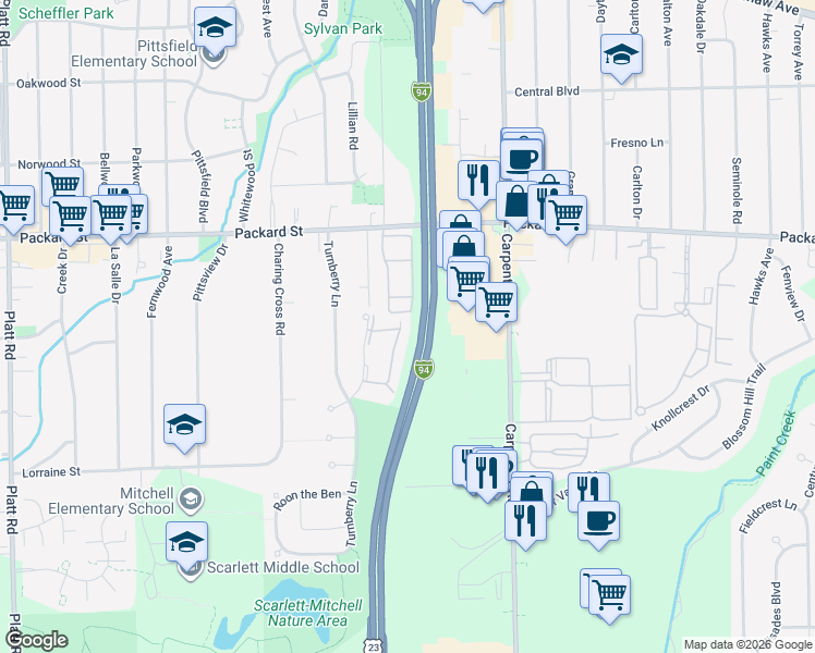 map of restaurants, bars, coffee shops, grocery stores, and more near 3840 Packard Street in Ann Arbor
