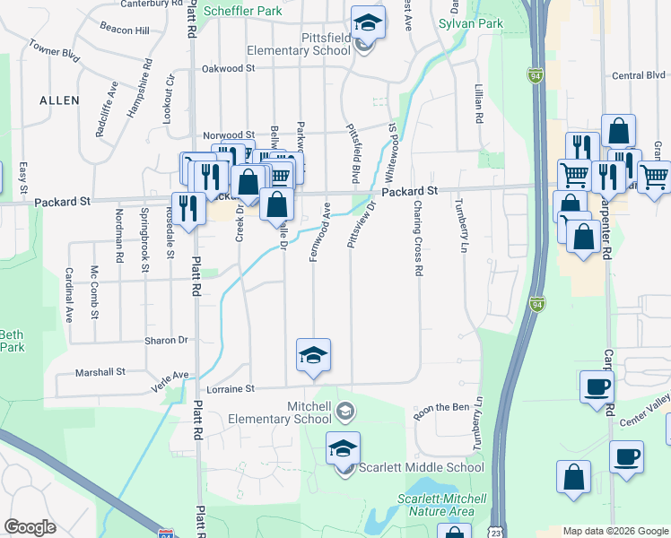 map of restaurants, bars, coffee shops, grocery stores, and more near 3135 Fernwood Avenue in Ann Arbor