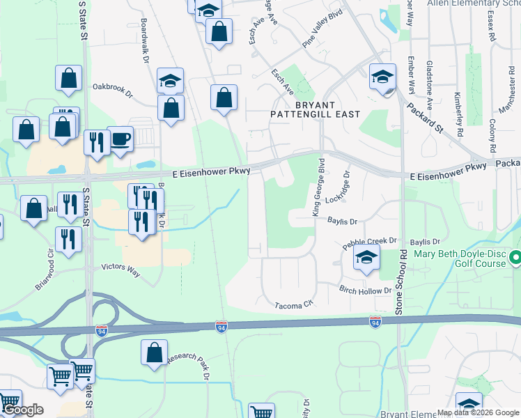 map of restaurants, bars, coffee shops, grocery stores, and more near 3236 Alpine Drive in Ann Arbor