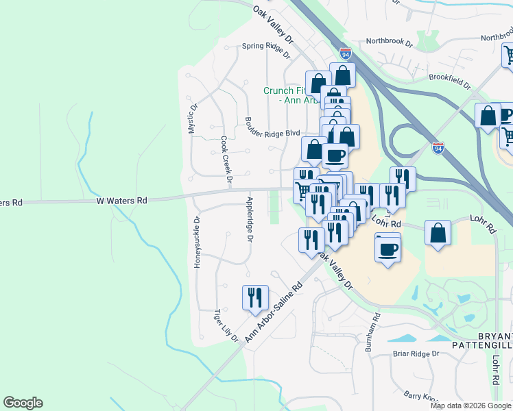 map of restaurants, bars, coffee shops, grocery stores, and more near 3006 Honeysuckle Drive in Ann Arbor