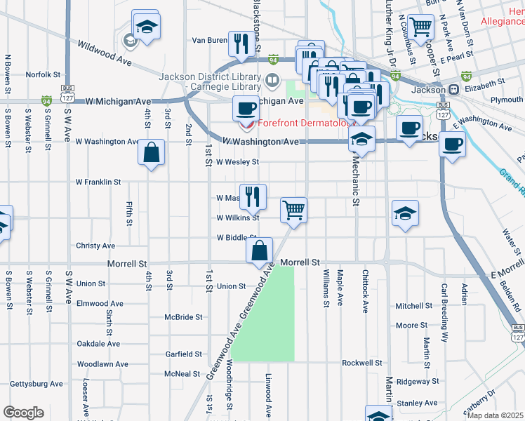 map of restaurants, bars, coffee shops, grocery stores, and more near 229 West Mason Street in Jackson