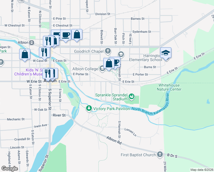 map of restaurants, bars, coffee shops, grocery stores, and more near 614 East Erie Street in Albion